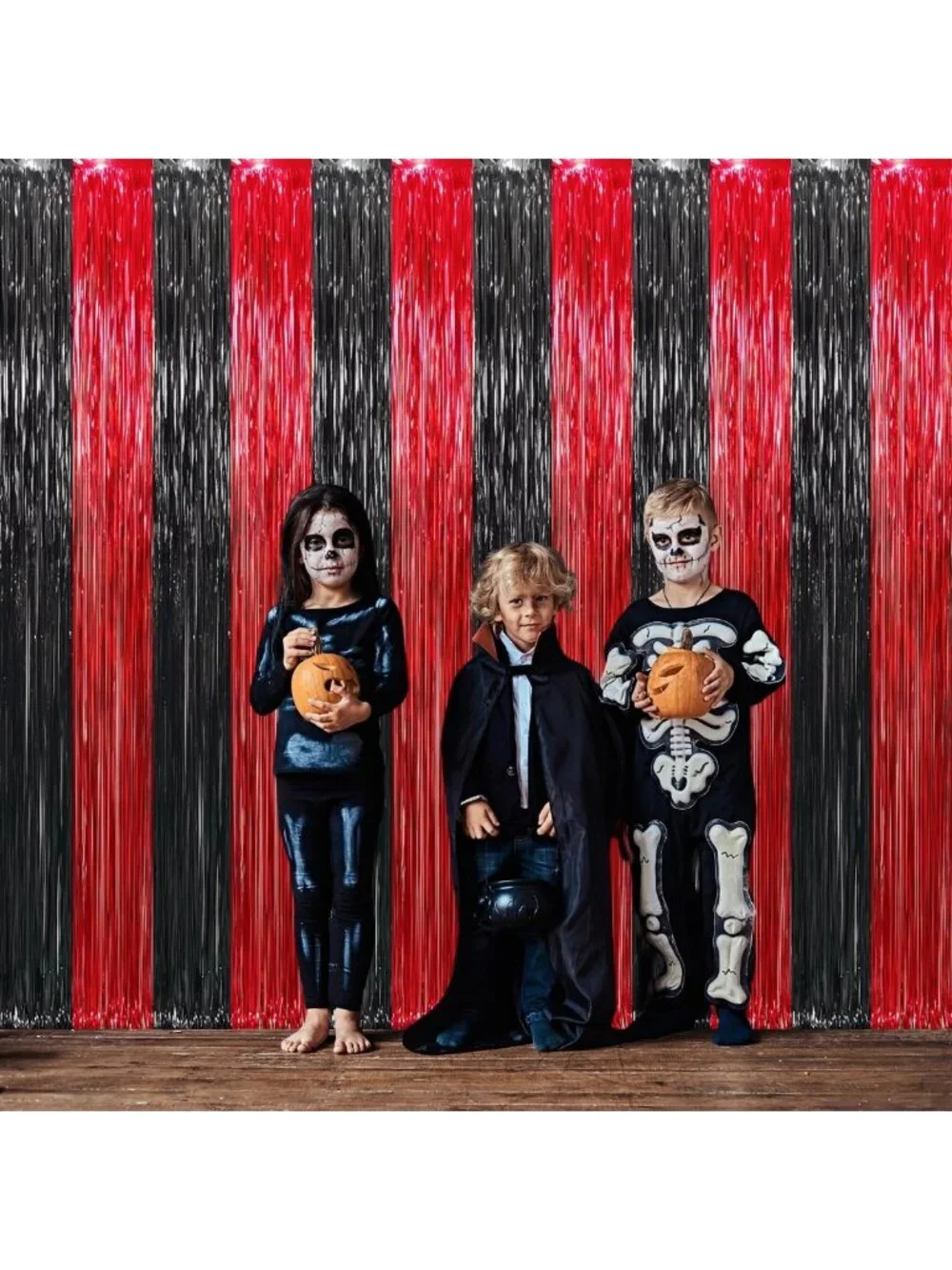 Metallic Tinsel Foil Fringe Curtains - 4 Pcs Black & Red Backdrop for Parties